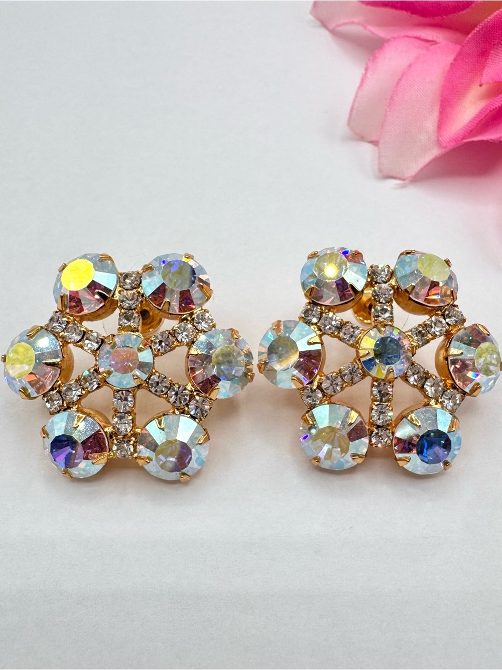 Big Vintage Aurora Borealis Crystal Cluster Stud Earrings Regency Cocktail Party